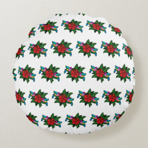 Cute Hummingbirds on Hibiscus Flower Cartoon - W Round Cushion