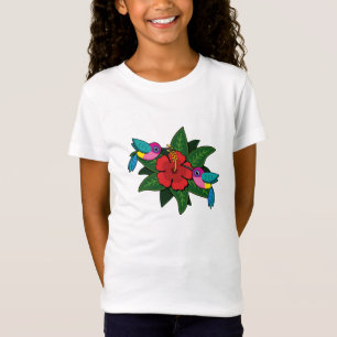 Cute Hummingbirds on Hibiscus Flower Cartoon - W T-Shirt