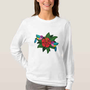 Cute Hummingbirds on Hibiscus Flower Cartoon - W T-Shirt