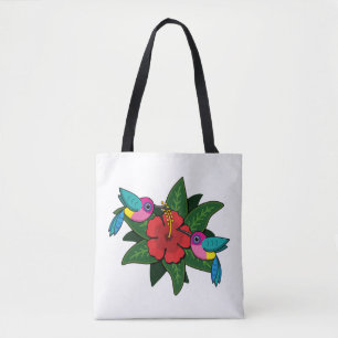 Cute Hummingbirds on Hibiscus Flower Cartoon - W Tote Bag