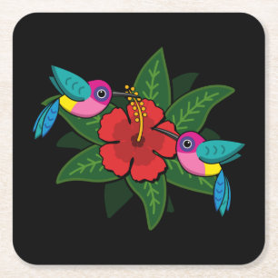 Cute Hummingsbirds on Hibiscus Flower Cartoon Square Paper Coaster