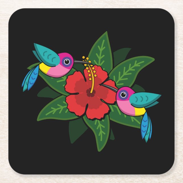 Cute Hummingsbirds on Hibiscus Flower Cartoon Square Paper Coaster (Front)