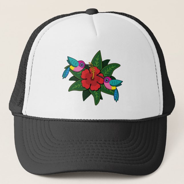 Cute Hummingsbirds on Hibiscus Flower Cartoon Trucker Hat (Front)