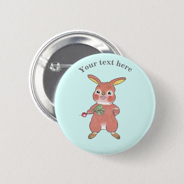 Cute Hungry Bunny Rabbit Blue Button (Front & Back)