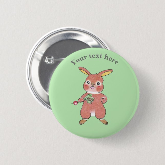 Cute Hungry Bunny Rabbit Green Button (Front & Back)