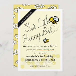 Cute Hunny Bee Yellow Virtual 1st Birthday Party Invitation