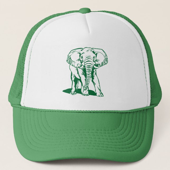 Cute Hunter Green Elephant Line Drawing Trucker Hat (Front)