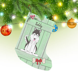 Cute Husky Boy Dog Green Wooden Fence Monogram Small Christmas Stocking