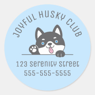 Cute Husky Dog Blue Custom Text Classic Round Sticker