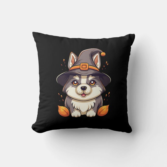 Cute Husky Dog in a Witch'S Hat  Halloween Cushion (Front)