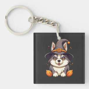 Cute Husky Dog in a Witch'S Hat  Halloween Key Ring
