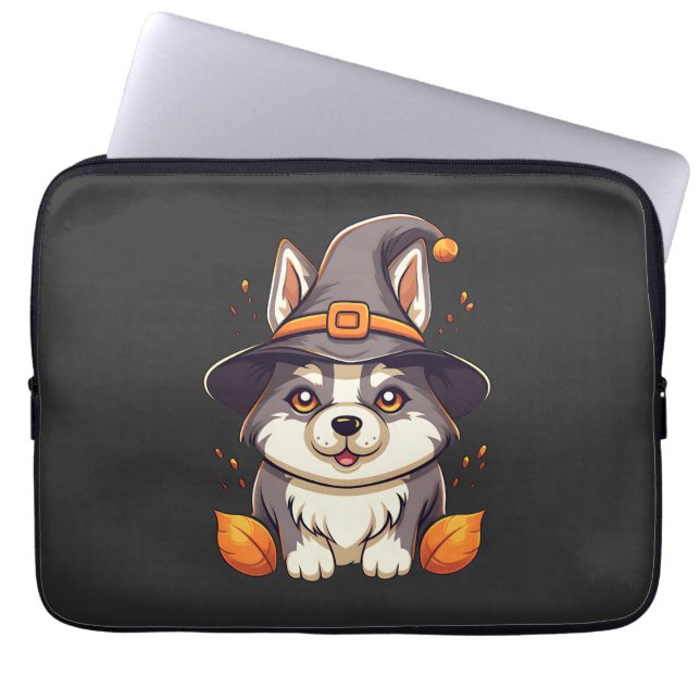 Cute Husky Dog in a Witch'S Hat  Halloween Laptop Sleeve (Front)