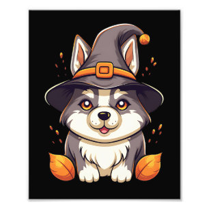 Cute Husky Dog in a Witch'S Hat Halloween Photo Print