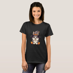 Cute Husky Dog in a Witch'S Hat Halloween T-Shirt