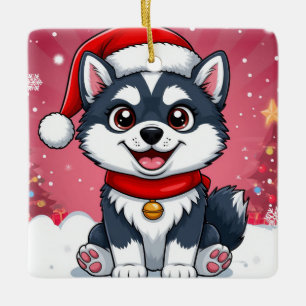 Cute Husky Dog In Santa Hat Christmas Snow Ceramic Ornament