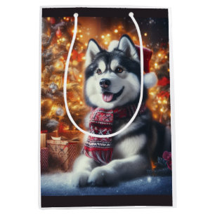 Cute Husky Dog Pet in Christmas Scene Medium Gift Bag