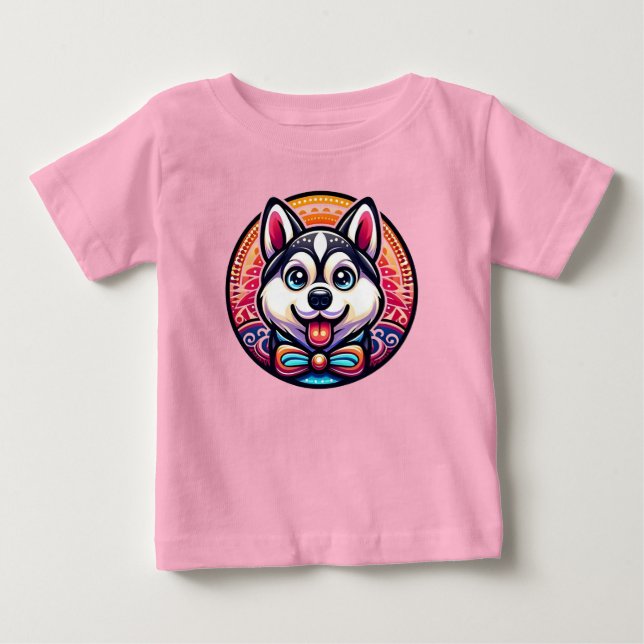 Cute Husky Illustrated in Mandala Style Baby T-Shirt (Front)