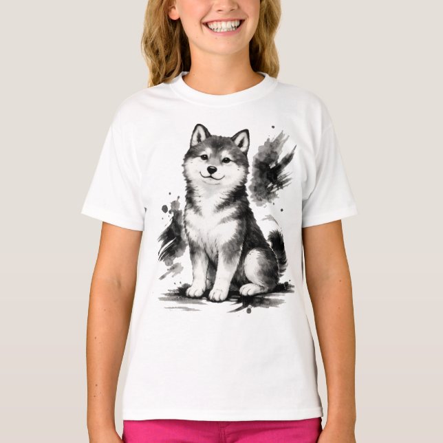 【Cute Husky Japanese Ink Art Girls T-Shirt】 T-Shirt (Front)