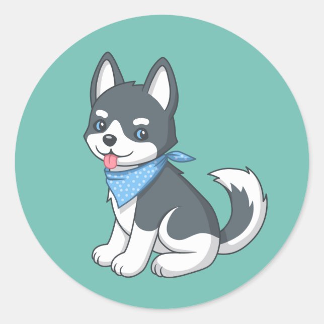 Cute Husky Puppy Dog on Green Classic Round Sticker (Front)