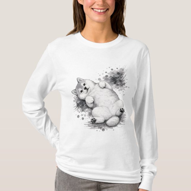 【Cute Husky Puppy Ink Art Long Sleeve T-Shirt】 T-Shirt (Front)