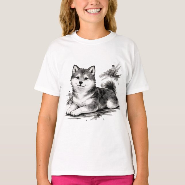 【Cute Husky Puppy Japanese Ink Art Girls T-Shirt】 T-Shirt (Front)