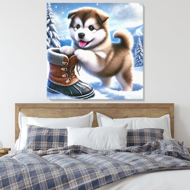 Cute Husky Puppy Playing in Snowy Winter Landscape Canvas Print (Insitu(Bedroom))