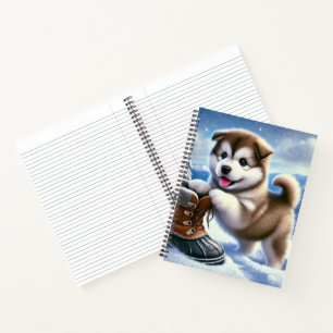 Cute Husky Puppy Playing in Snowy Winter Landscape Notebook