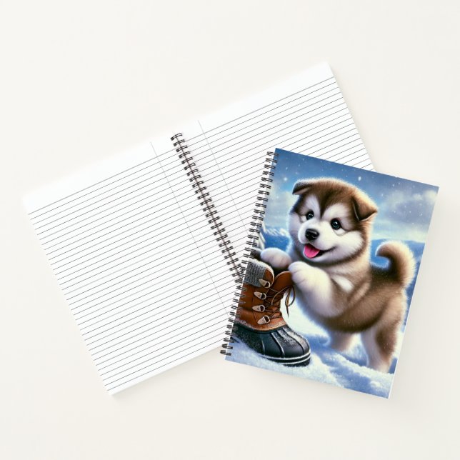 Cute Husky Puppy Playing in Snowy Winter Landscape Notebook (Inside)