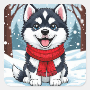 Cute Husky Puppy Sitting In Snowy Winter Scene Square Sticker