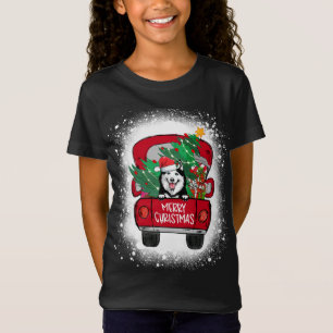 Cute Husky Red Truck Merry Christmas Bleached T-Shirt