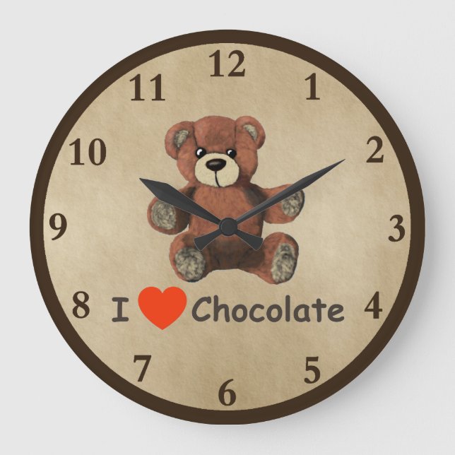 Cute I Heart (Love) Chocolate Teddy Bear Large Clock (Front)