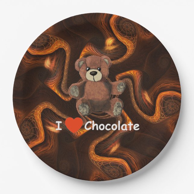 Cute I Heart (Love) Chocolate Teddy Bear Paper Plate (Front)