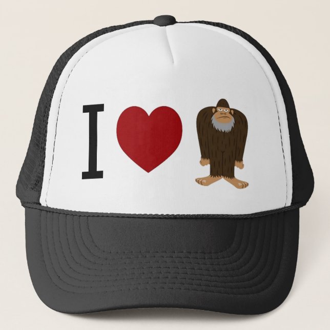 CUTE! I LOVE <3 BIGFOOT design - Finding Bigfoot Trucker Hat (Front)
