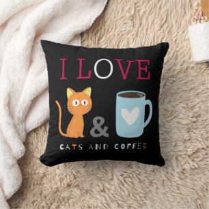 Cute I Love Cats and Coffee Black Cushion
