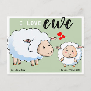 Cute 'I Love Ewe' Kids Classroom Valentine Holiday Postcard