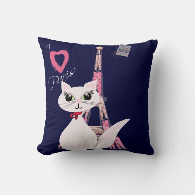 Cute I Love Paris cat Cushion (Front)