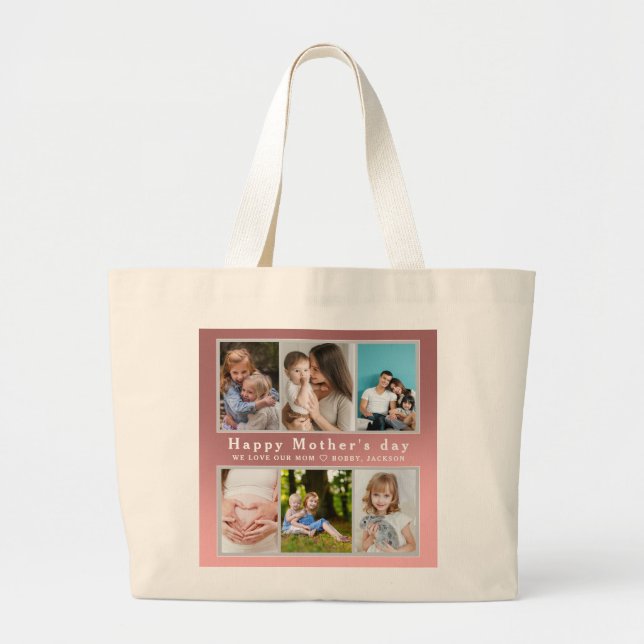Cute I LOVE YOU MOM Happy Mother Day Photo Collage Large Tote Bag (Front)