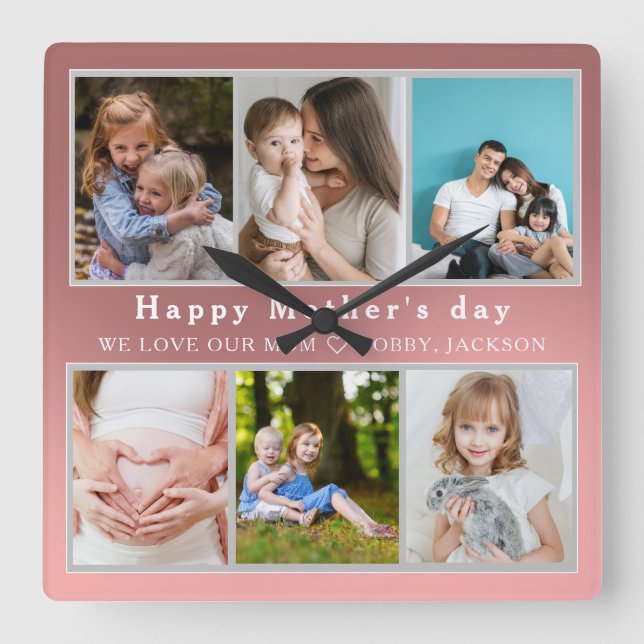 Cute I LOVE YOU MOM Happy Mother Day Photo Collage Square Wall Clock (Front)