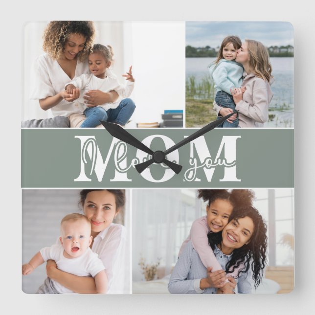 Cute I LOVE YOU MOM Mother's Day Photo Square Wall Clock (Front)