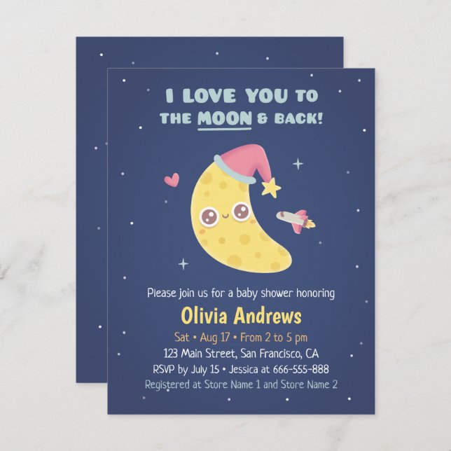 Cute I Love You to the Moon & Back Baby Shower Invitation (Front/Back)