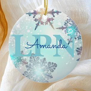 Cute Ice Blue Snowflake Personalised Name LPN  Ceramic Tree Decoration