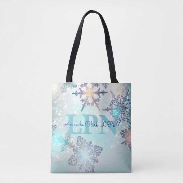 Cute Ice Blue Snowflake Personalised Name LPN  Tote Bag (Front)