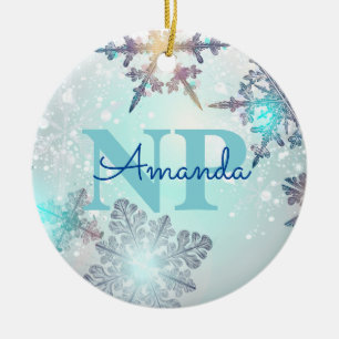 Cute Ice Blue Snowflake Personalised Name NP Nurse Ceramic Tree Decoration