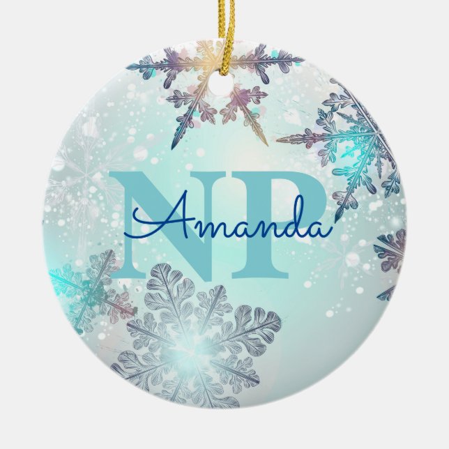 Cute Ice Blue Snowflake Personalised Name NP Nurse Ceramic Tree Decoration (Front)