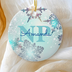 Cute Ice Blue Snowflake Personalised Name NP Nurse Ceramic Tree Decoration