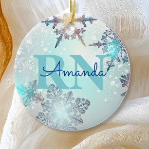 Cute Ice Blue Snowflake Personalised Name RN Nurse Ceramic Tree Decoration