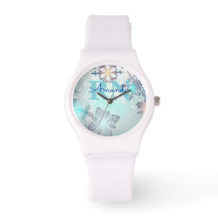 Cute Ice Blue Snowflake Personalised Name RN Watch