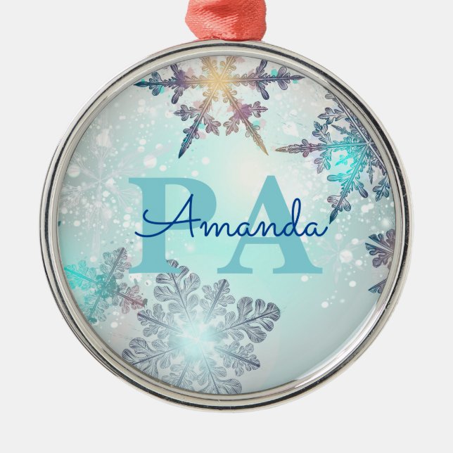 Cute Ice Blue Snowflake Personalized Name PA Metal Tree Decoration (Front)