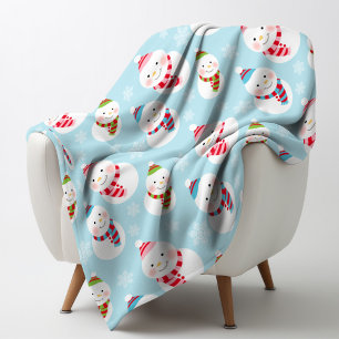Cute Ice Blue Winter Snowman Pattern Fleece Blanket