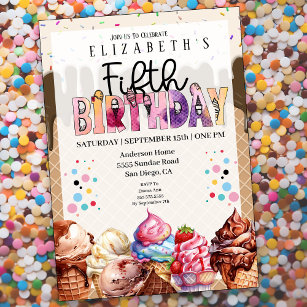 Cute Ice Cream 5th Birthday Invitation